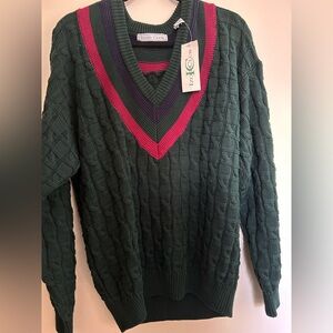 Izod Club Men's V-Neck Cableknit Sweater Accents, 100% Cotton NWT